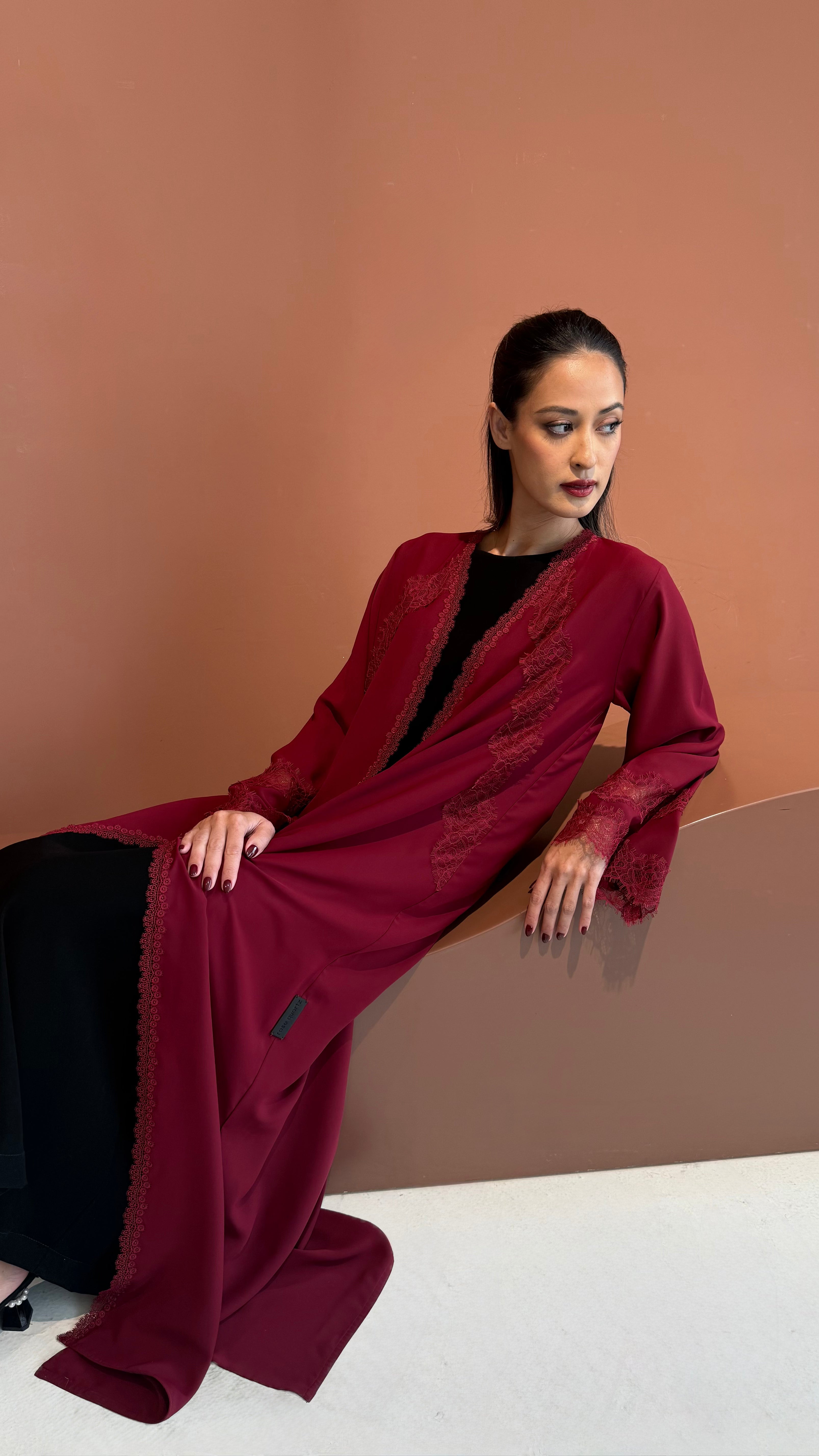 Burgundy bloom lace abaya.