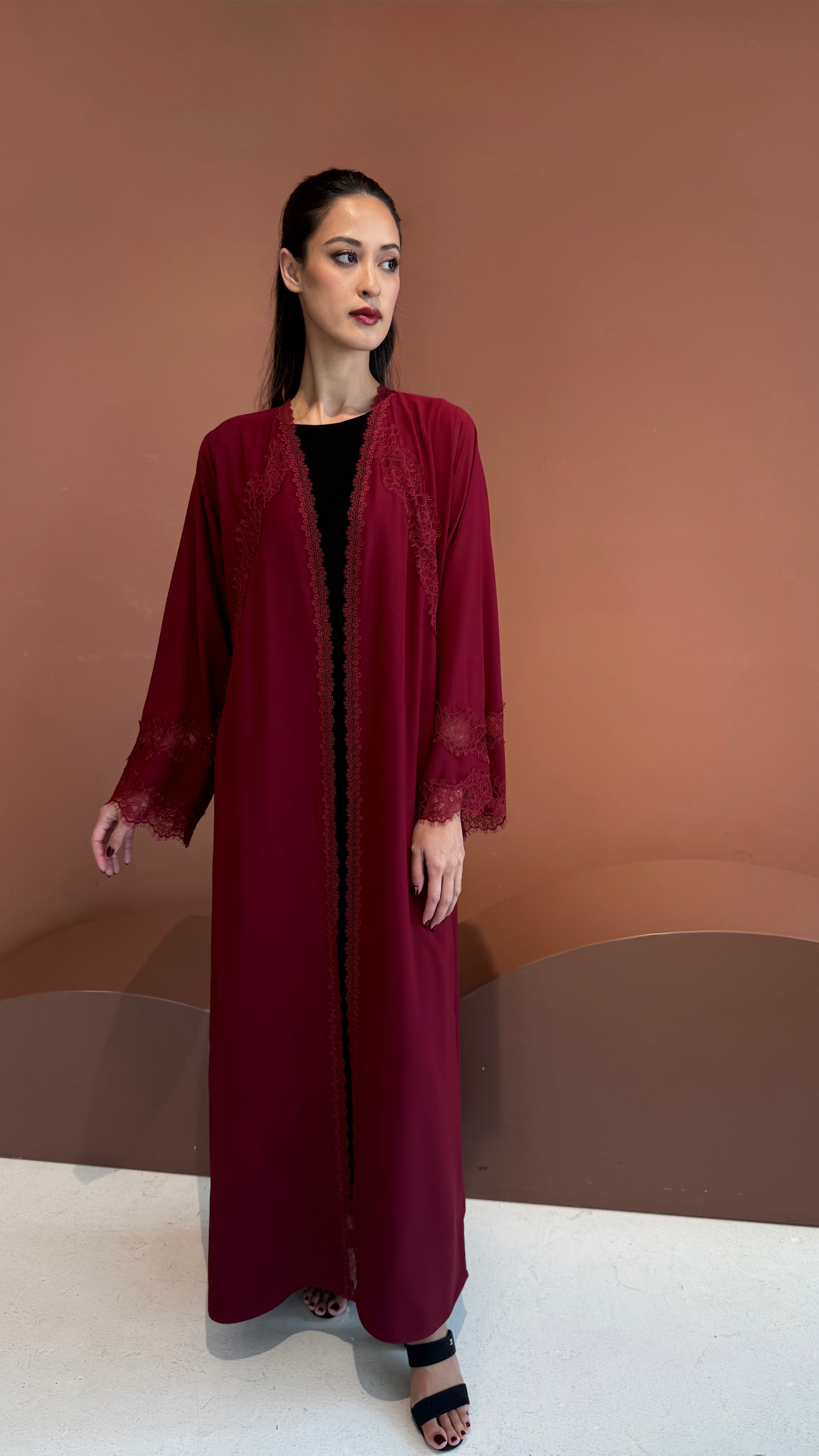 Burgundy bloom lace abaya.