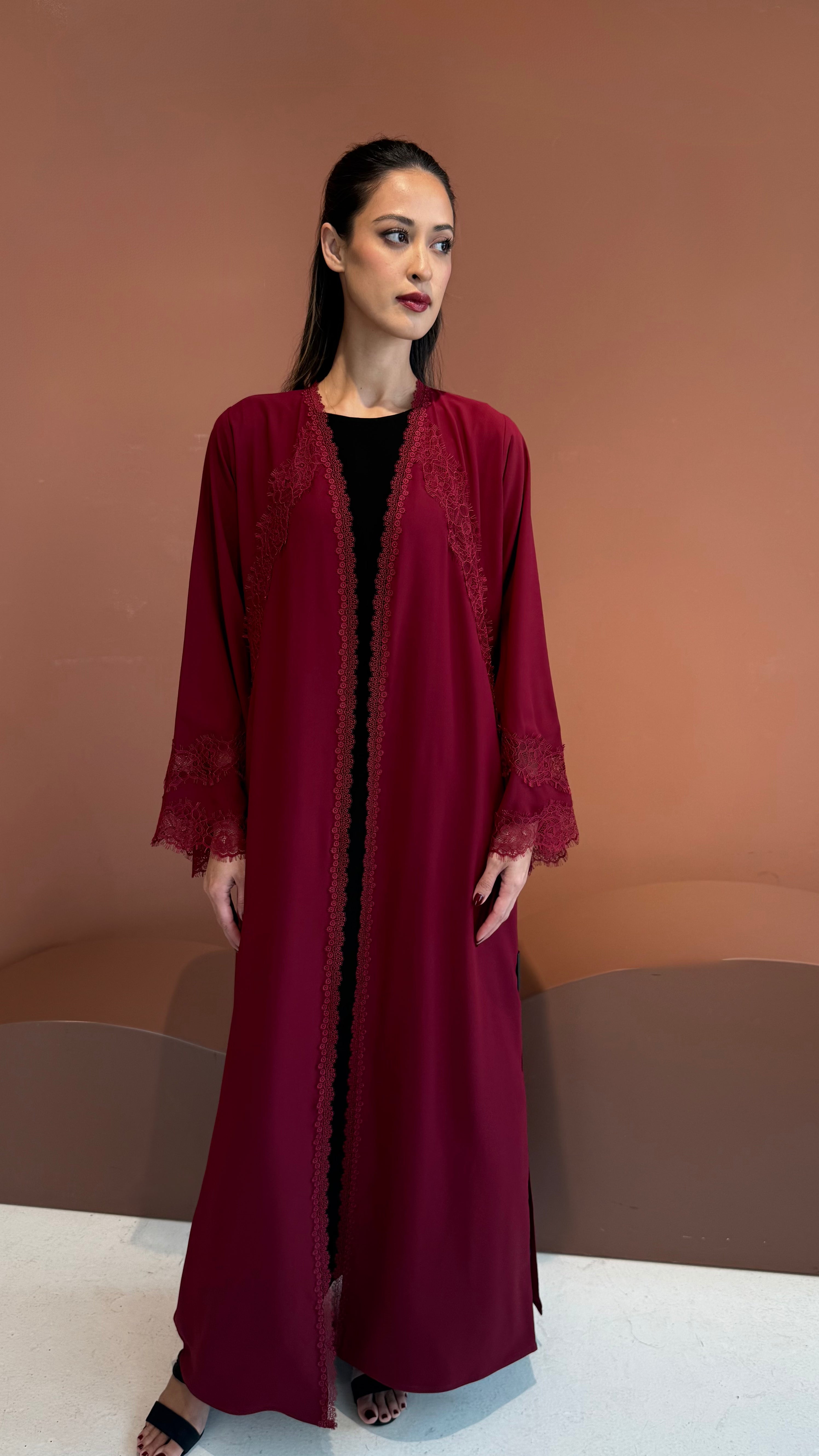 Burgundy bloom lace abaya.
