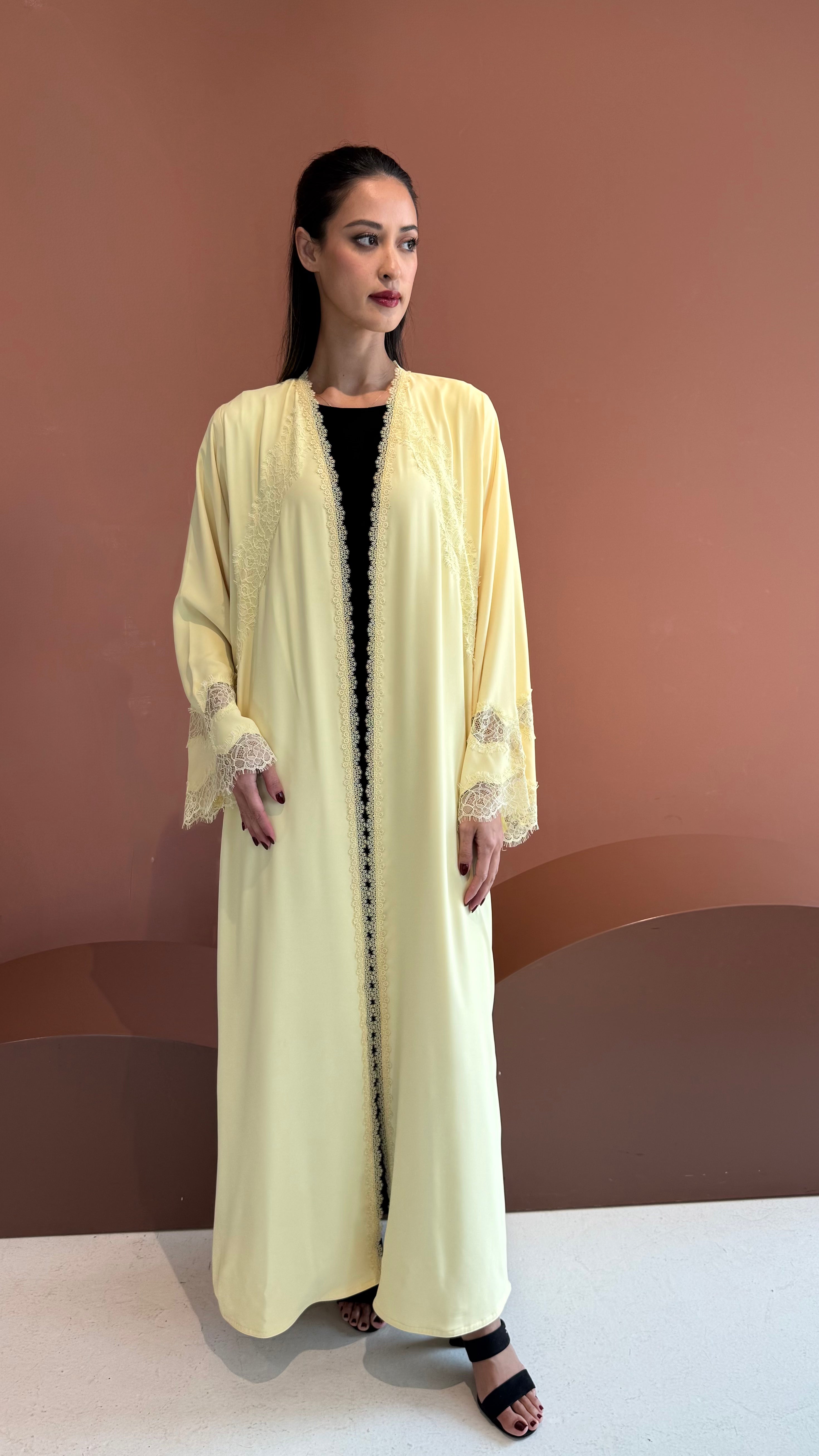 Butter yellow lace abaya.