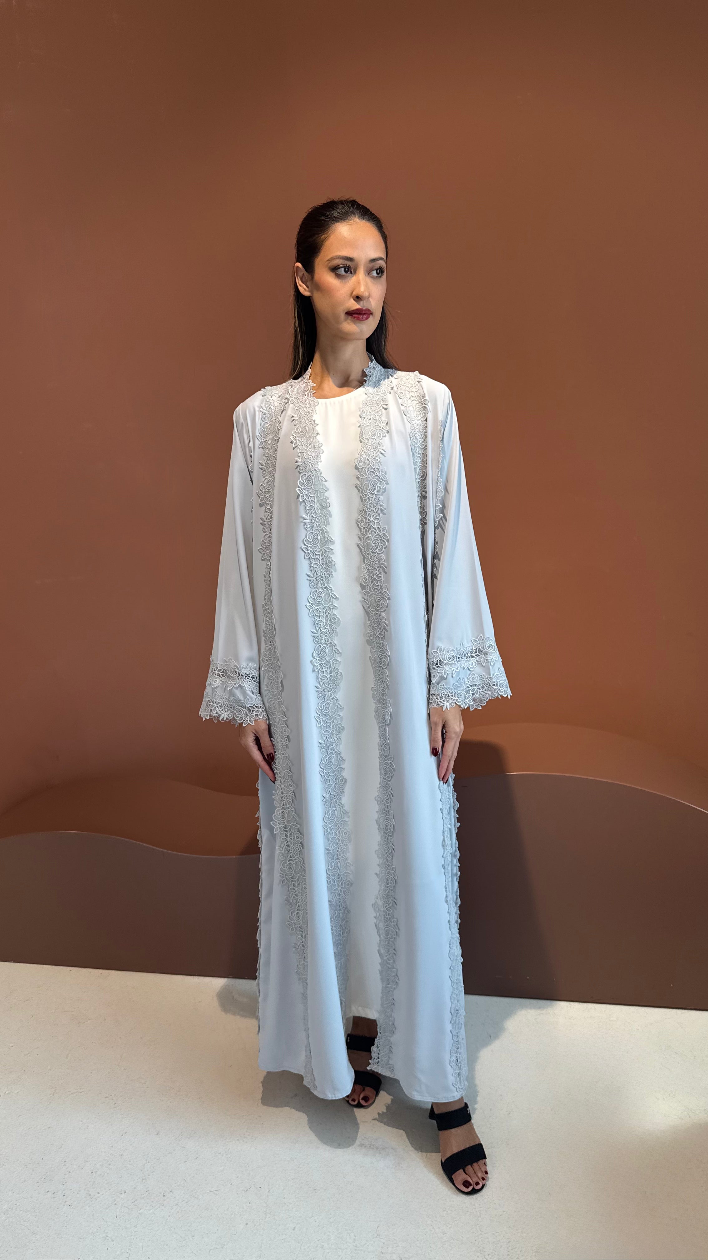 Grayish blue floral lace abaya.