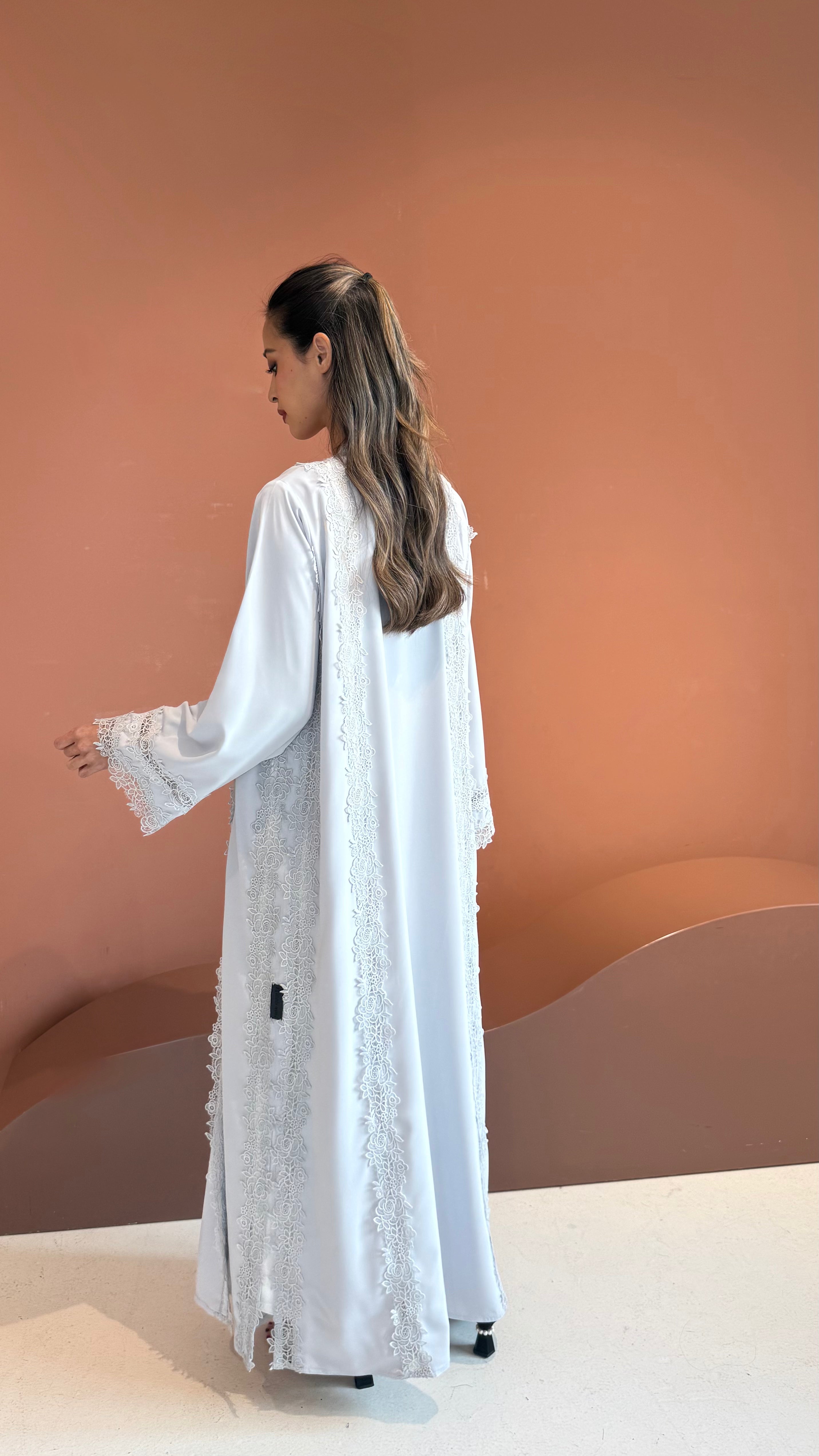 Grayish blue floral lace abaya.