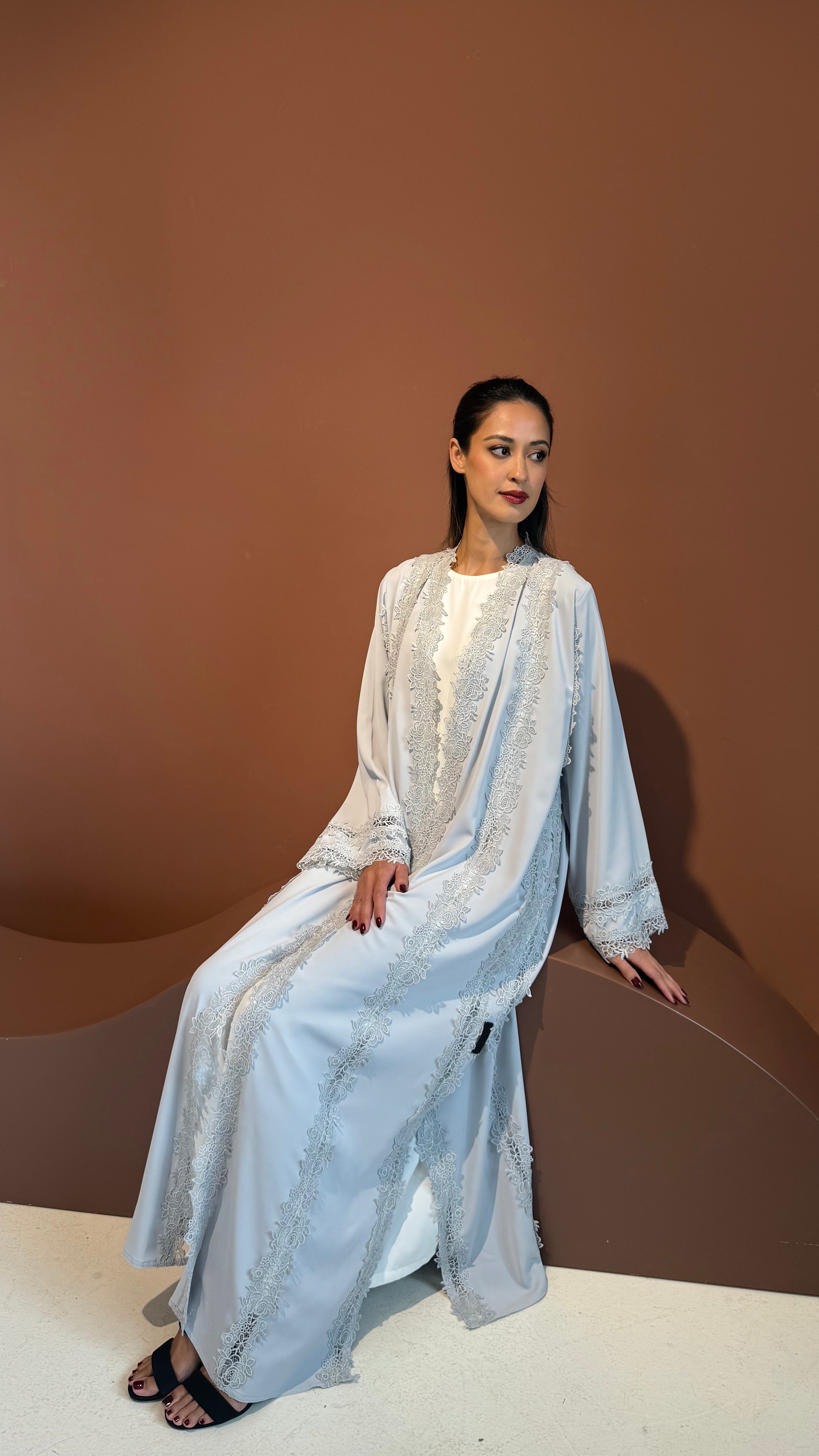 Grayish blue floral lace abaya.